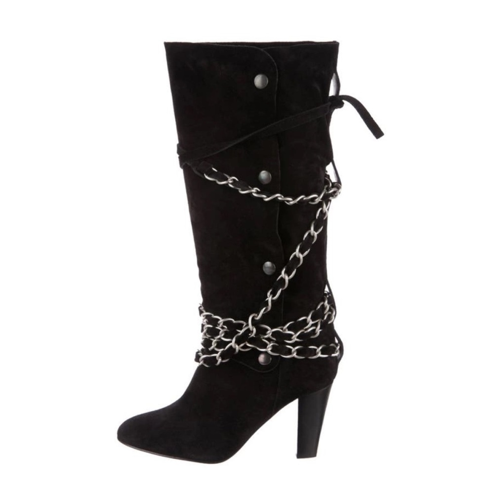Black Suede Chain-Embellished Boots - Picture 3 of 9